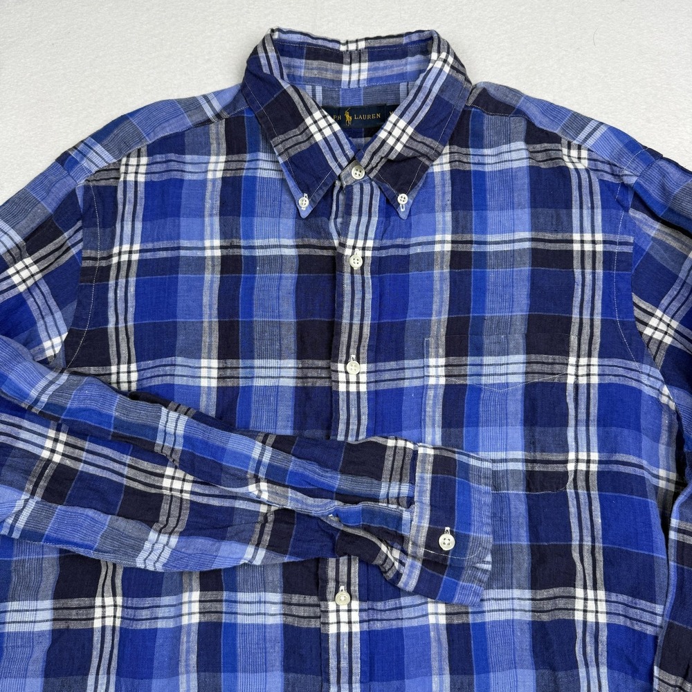 Ralph Lauren Shirt Mens XL Blue Plaid Linen Long Sleeve Button Up Casual Summer